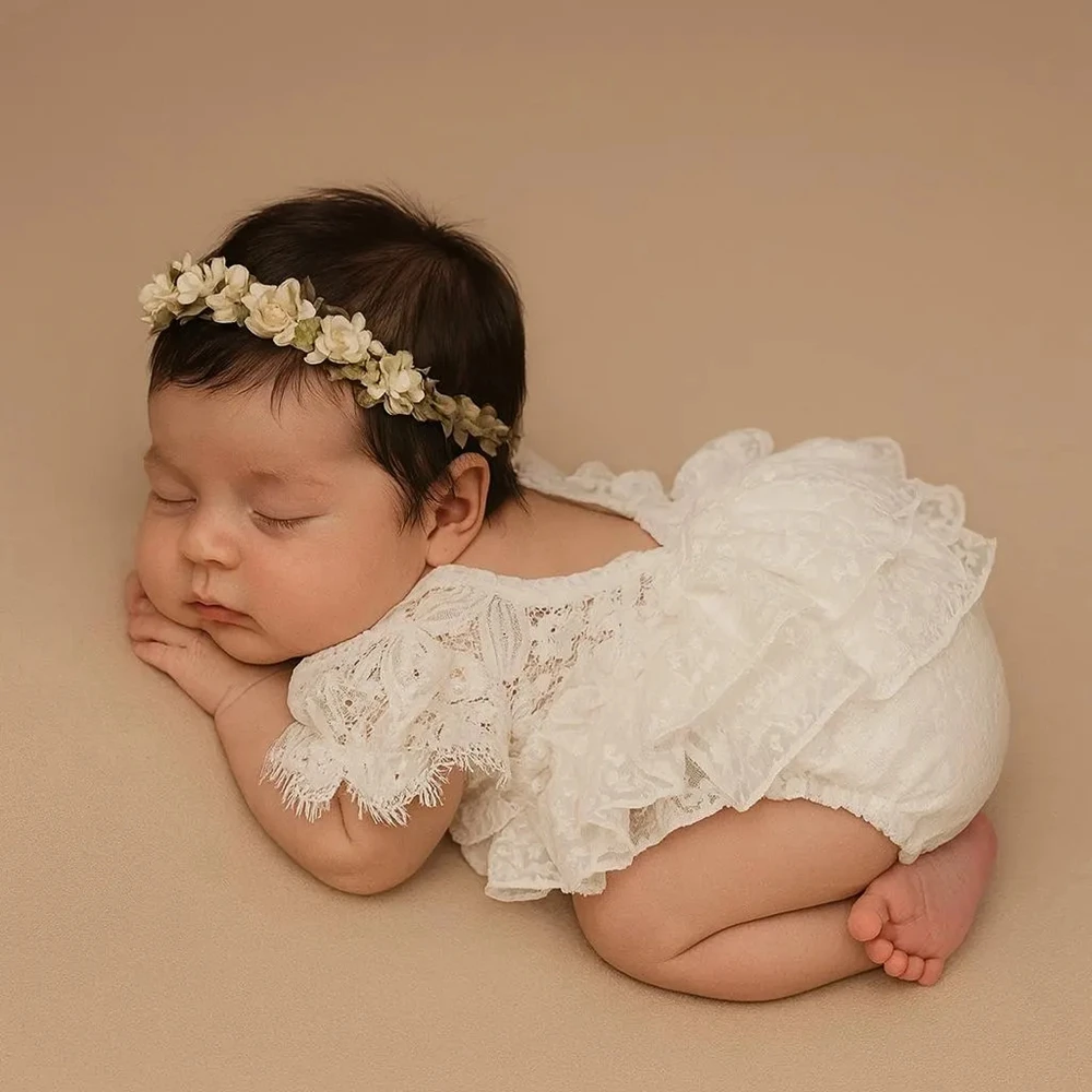 

Newborn Photography Outfit Girl White Lace Off Shoulder Ruffle Romper Baby Photo Shoot Dress Infant Princess Clothes Outfit