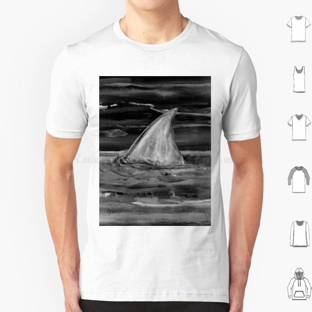 Shark Fin White On Black T Shirt Cotton Men Women DIY Print Fine Art Watercolor Aquarel Original Colorful Blue Digital Art