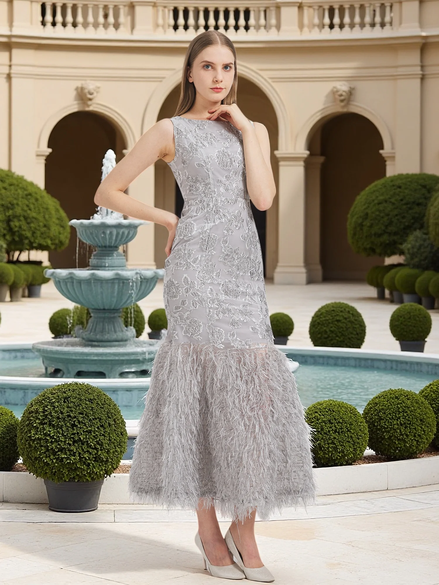 DEVCHATA Women's Luxury Boat-Neck Sleeveless Midi Fishtail Gown Elegant Formal Dress for Parties Weddings & Cocktail Events