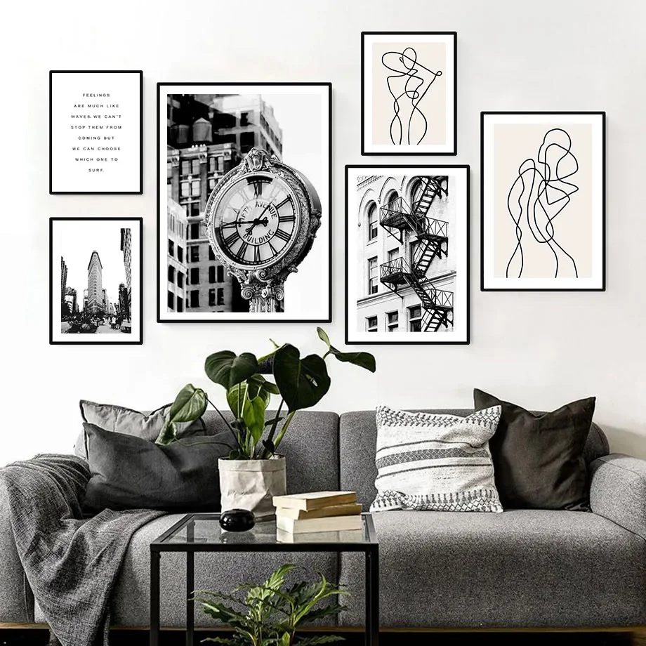Black Photo Frame with New York Eiffel Tower Canvas Painting 6” 7“ 8” Wood Frame City Line Fugure Wall Art Picture Poster Frame