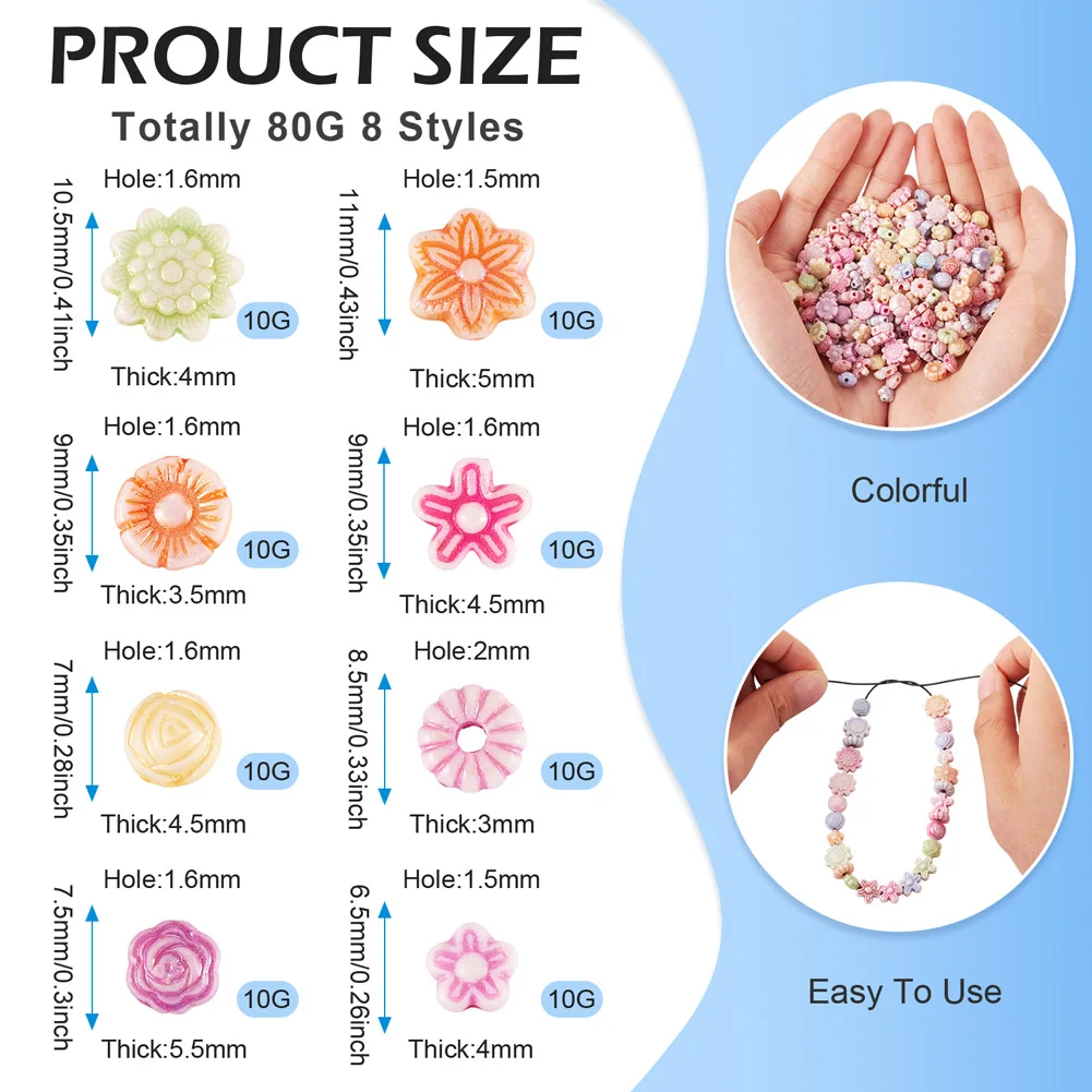 Perles de fleurs en plastique colorées pour filles, artisanat, entretoise, bricolage, bracelet, collier, artisanat exécutif, 80g