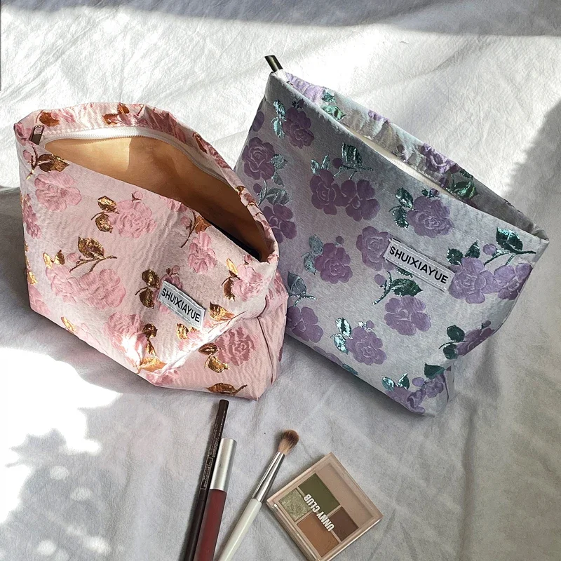 New Fashion Pink Purple Jacquard floral Makeup Bag Large Capacity Canvas Clutch Cosmetic Bag Travel Organizer Pouch Toiletry Bag