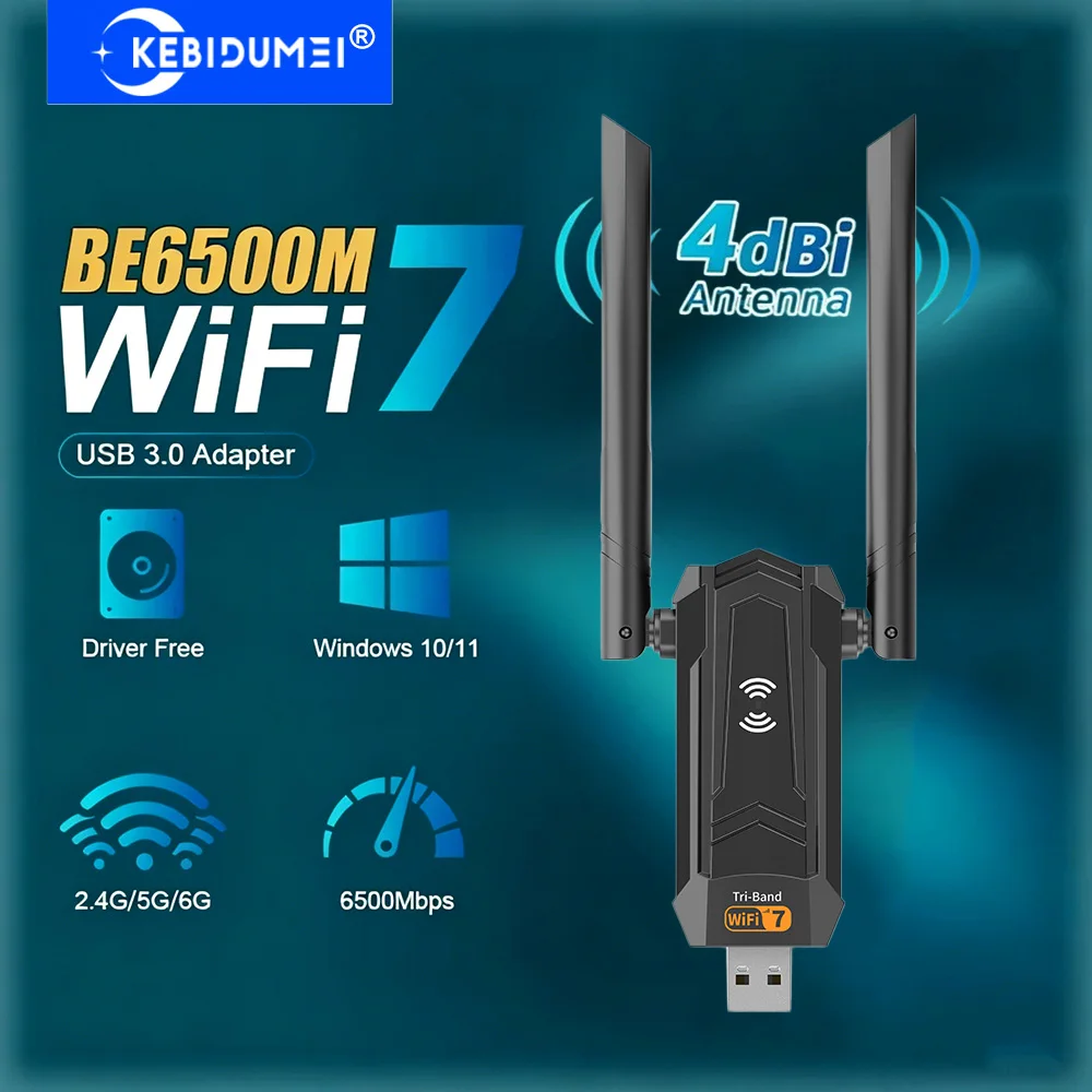 

KEBIDUMEI 6500 Мбит/с WiFi 7 Трехдиапазонный USB-адаптер Wi-Fi 2,4/5/6 ГГц с 2 антеннами по 4 дБи, беспроводная сетевая карта USB3.0, без драйверов, для Win10/11