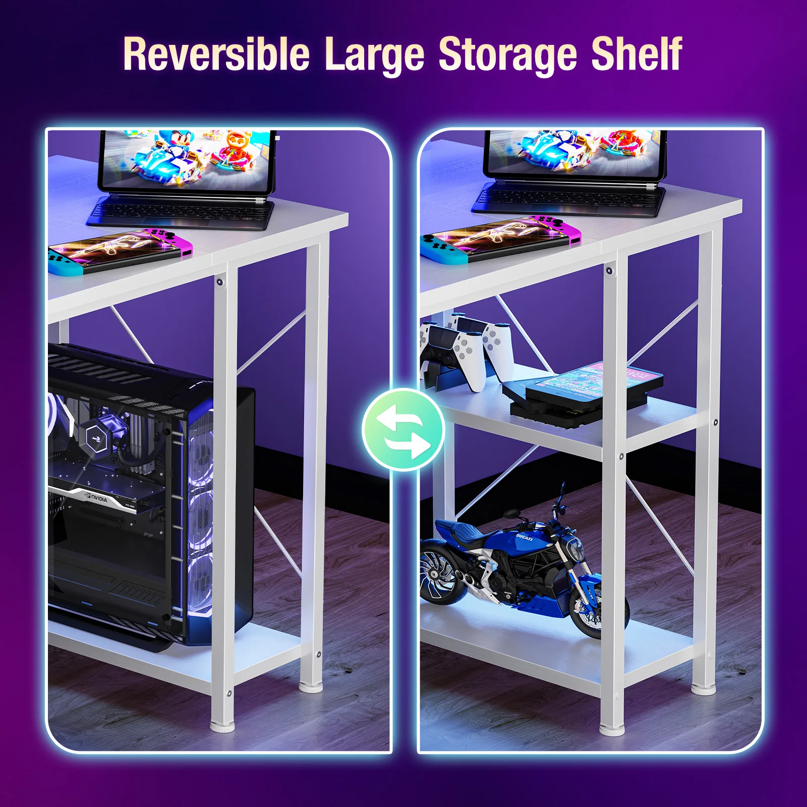 Mesa de Computador JHK de 48 Polegadas com Prateleiras, Gavetas de Armazenamento, Mesa de Escritório de Madeira com Luzes LED e Tomadas de Energia, Mesa para Jogos