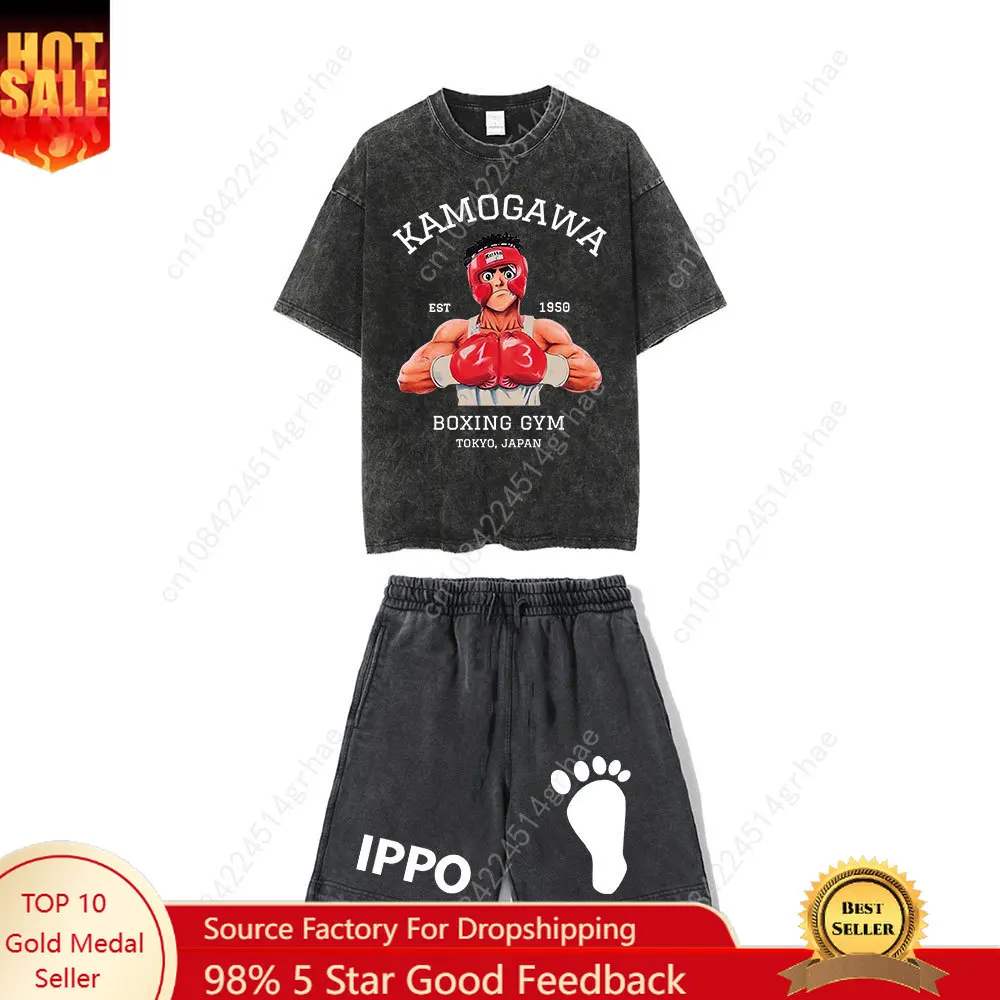 

Men's Anime Washed Cotton Tshirts + Casual Vintage Shorts Hip Hop Graphic Y2K Summer Short Slevee T-shirts For Men Women