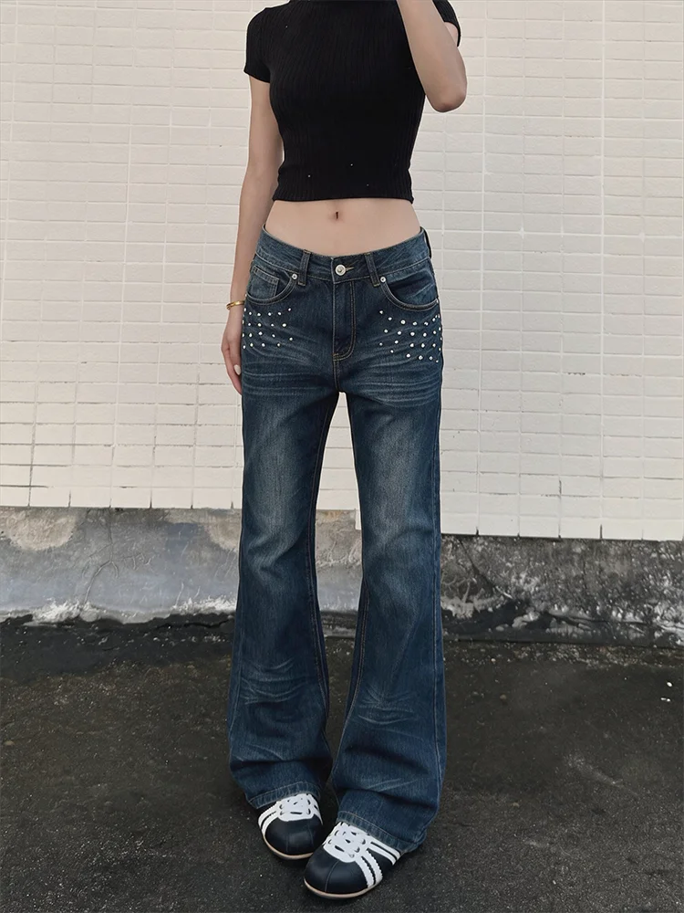 plus Size American High Street Retro  Flared Jeans Women Design Sense Rivet Slim Loose Casual Straight Leg Pants