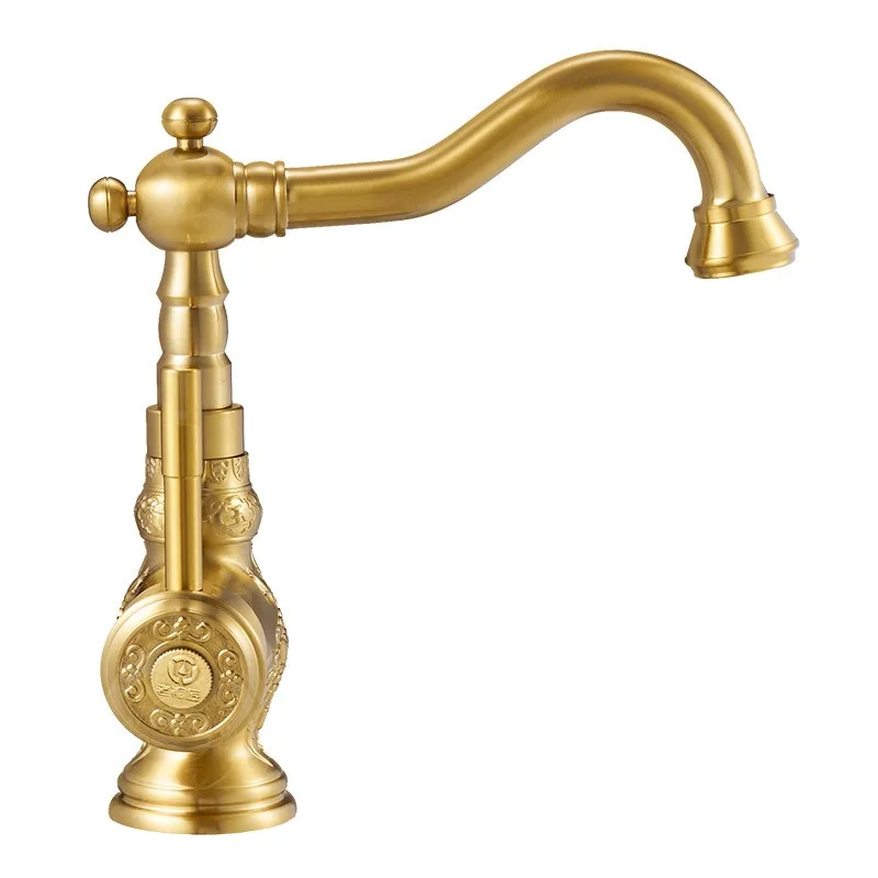 Basin Faucet, Golden Retro Washbasin Faucet, Hot and Cold Dual-use, All Copper High-end Antique Style Faucet