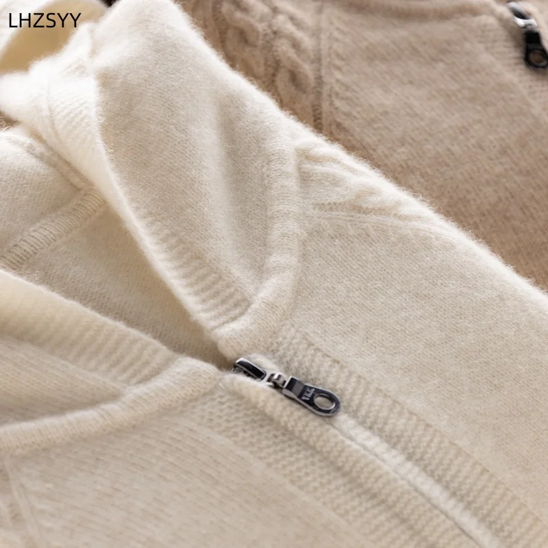 LHZSYY Fall/Winter New 100% Goat Cashmere Zipper Jacket Women\'s High-end Hooded Knit Cardigan Casual Loose Thick Sweater Coat