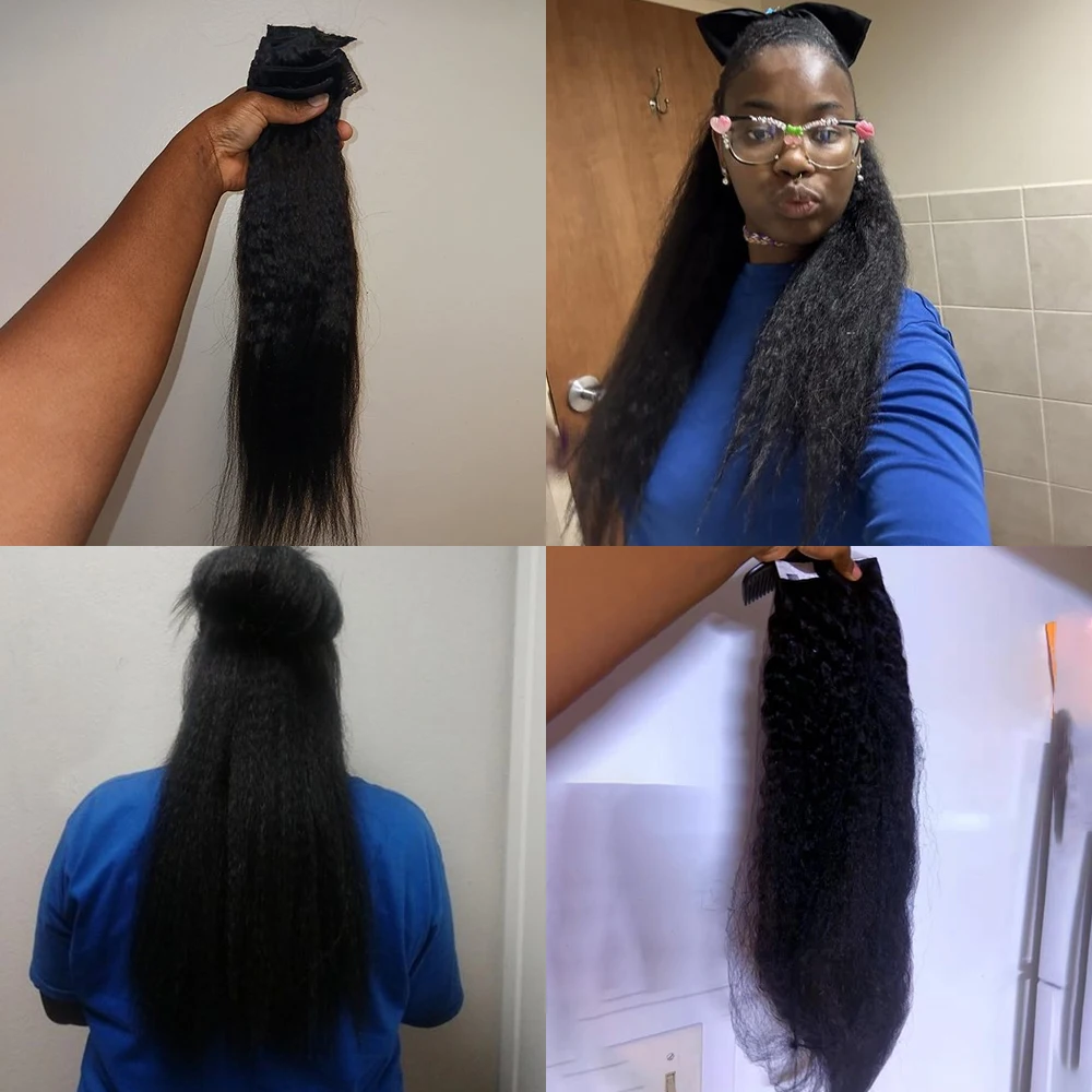 200g 클립인 헤어 익스텐션 곱슬곱슬한 스트레이트 레미 인모 여성용 클립인 익스텐션