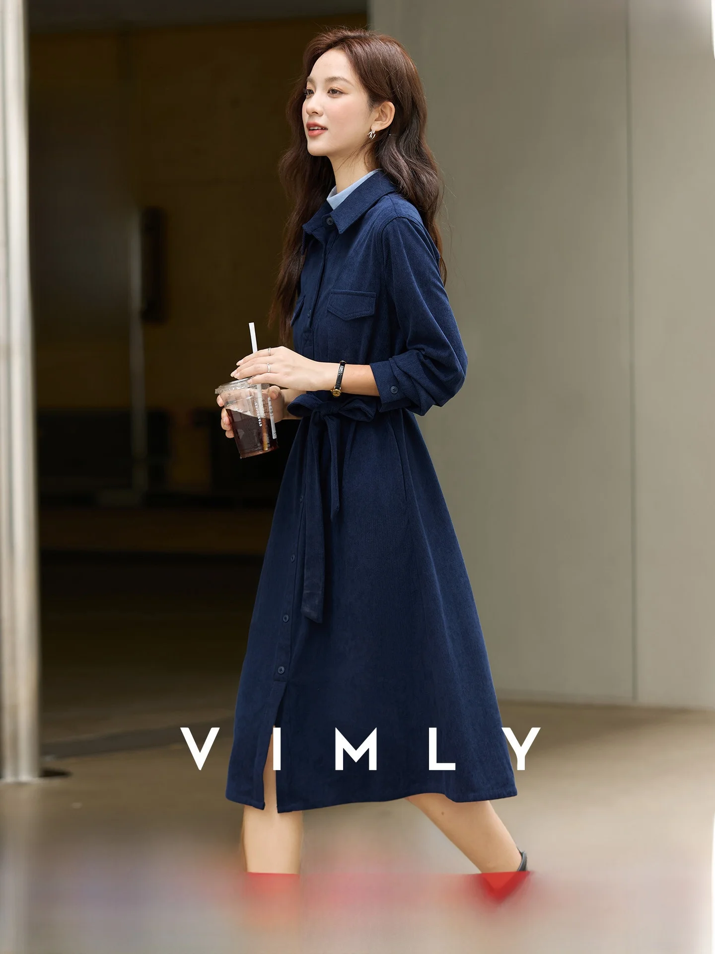 

Blue Shirt Dress Women's Spring New Style Collared Pullover Mid-Length Slimming Straight Tube Dress Color Block Polyester Fiber