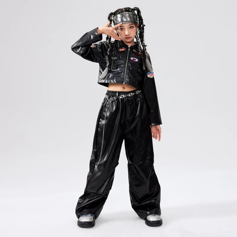 

Kid Kpop Hip Hop Clothing Black Faux Leather Jacket Crop Top Casual Pleated Wide Pants for Girls Jazz Dance Wear Costume Clothes