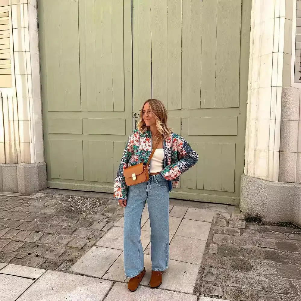 2025 New Autumn Retro Print Patch Cotton Women's Ethnic Jacket Casual Loose Long-sleeved Short Jacket Winter Women's Outerwear