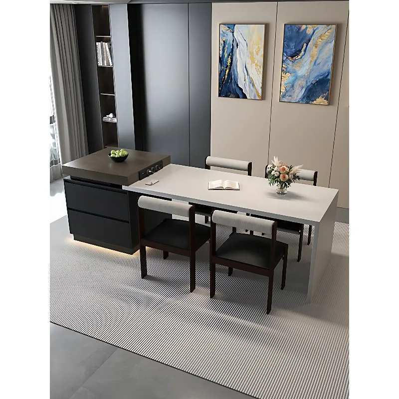 Dining table integrated household kitchen ceiling retractable rock slab kitchen