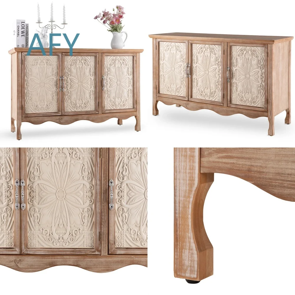 Medieval Wind Solid Wood Carved Sideboard Cabinet for Living Room Kitchen Multi Functional Storage Furniture for Farmhouse