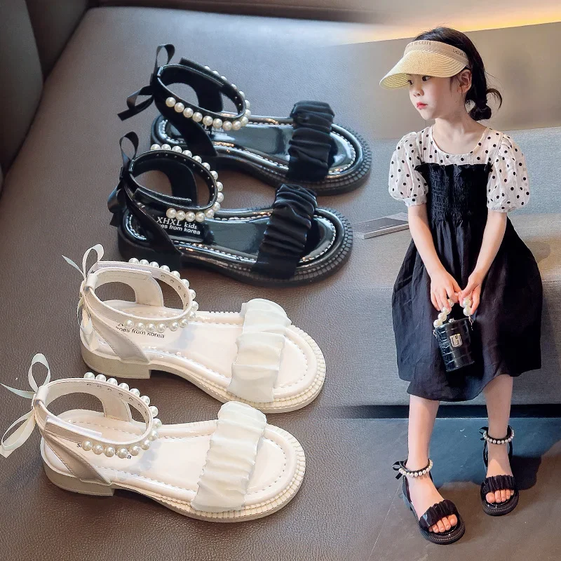 Sandali per ragazze bambini estate nuovi bambini moda morbida principessa pizzo perle versatili bellissime scarpe eleganti per il matrimonio della