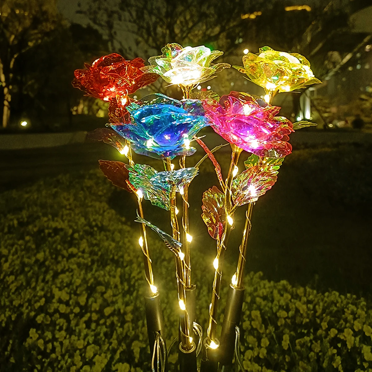 Solar LED Lights Phantom Rose Flower Lawn Lamp 8 Mode 1 Drive 5 Warm Light For Patio Garden Decoration Flower Holiday Party Lamp