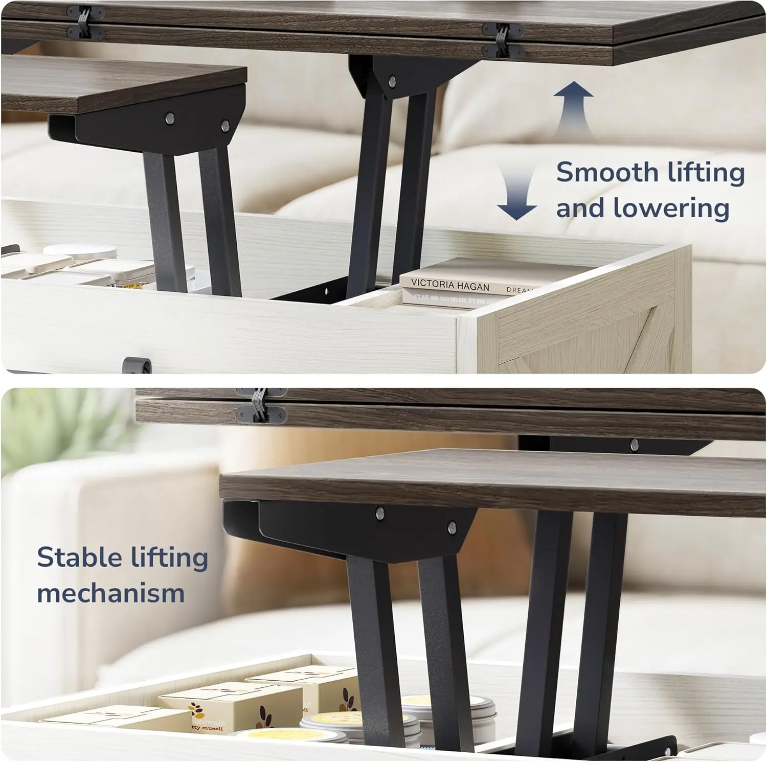 Mesa de centro 3 en 1 multifunción, mesa de centro de granja con almacenamiento y puertas corredizas de Granero, 44"