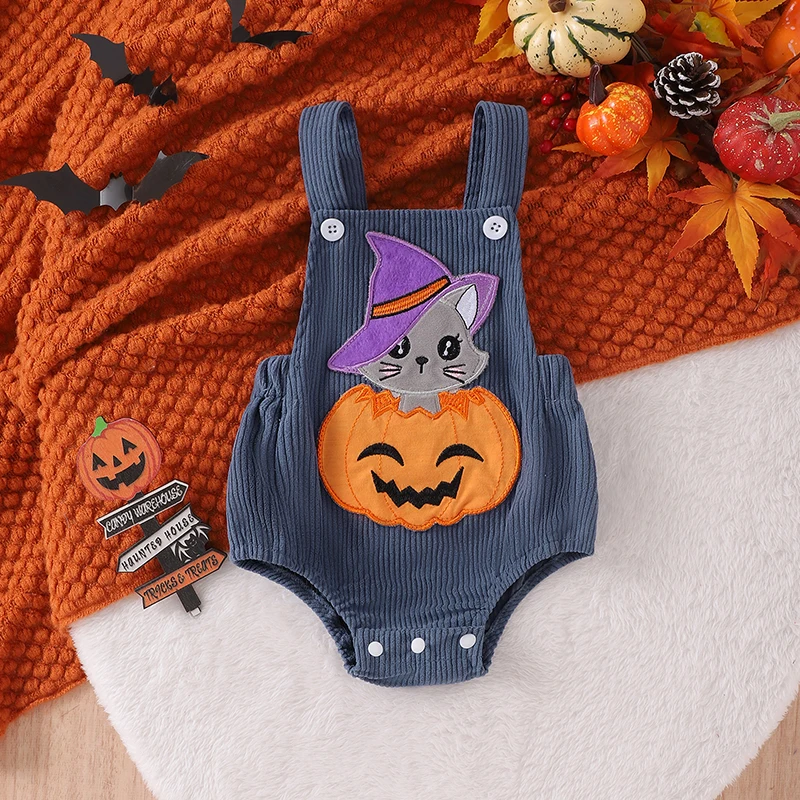 0-18M Baby Boys Girls Halloween Bodysuit Witch Pumpkin Cat Embroidered Sleeveless Square Neck Corduroy Jumpsuits