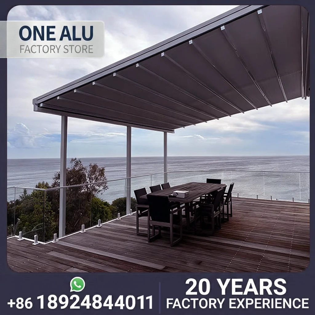

OneAlu Pro-Engineered Retractable Pergola: Heavy-Duty Structural PVC Canopy for Commercial Building Projects