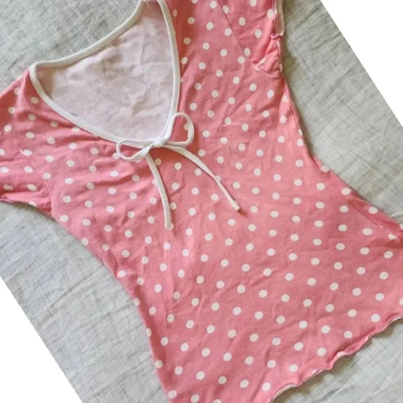 Hotsweet البولكا نقطة تي شيرتات قصيرة الاكمام المرأة خمر سليم صالح الخصر المحاصيل الأعلى اليابانية Y2k الجمالية حار فتاة تيز