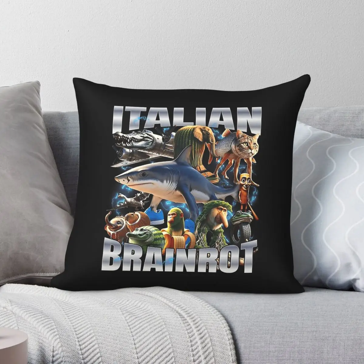 Italian Brainrot Square Pillowcase Polyester Linen Velvet Pattern Zip Decorative Room Cushion Cover