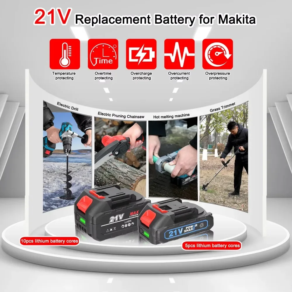 21V 15000mAh Rechargeable Lithium Battery Power Tool Replacement Battery with Indicator for Makita 21V Tool Replacement Battery