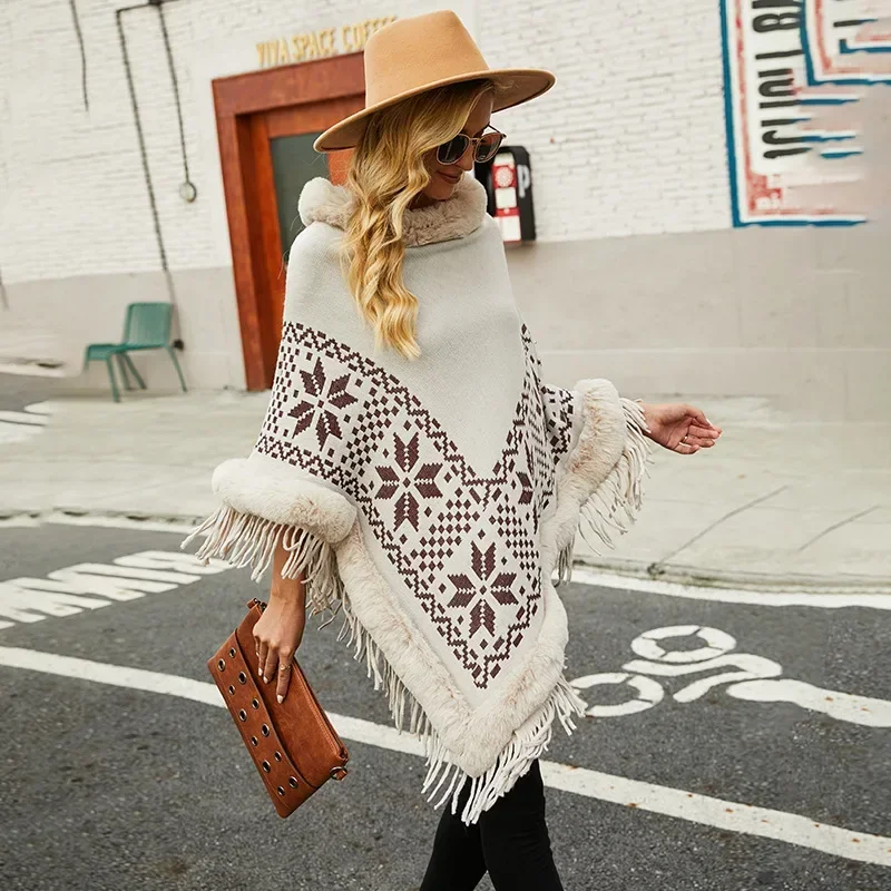 

Autumn Winter New European American Capes Shawl Imitation Wool Collar Nail Bead Tassel Sweater Ponchos Women Cape White Cloak