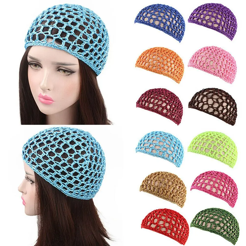 Solid Color Mesh Hair Net for Women Handmade Crochet Snood Hairnet Sleeping Night Cap Turbans Hair Accessories