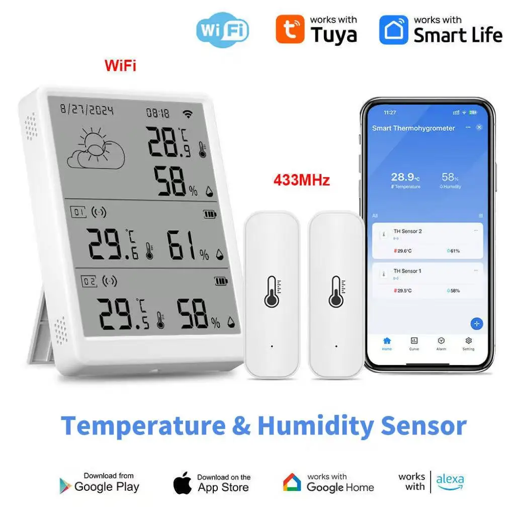 

Tuya WiFi RF433 Humidity Meter Indoor Temperature And Humidity Detector LED Screen APP Remote Monitoring Alarm