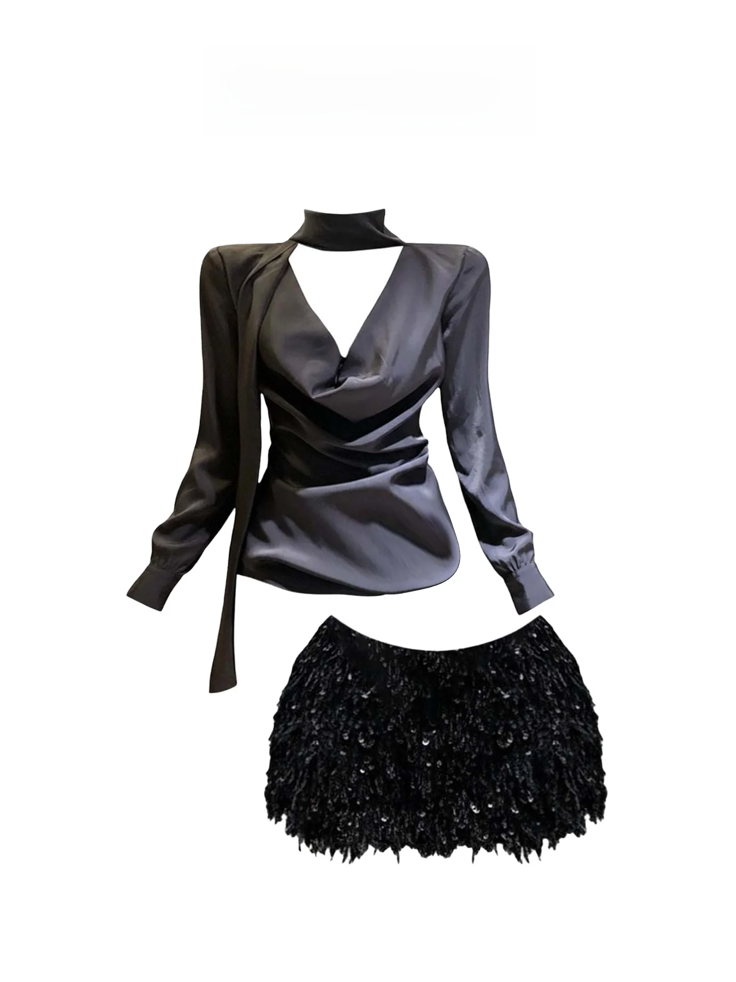 HEZA Blusa de cetim sexy plus size com Saes e lantejoulas ter Ne Conjunto feminino outono Faion com saia Sle coreano