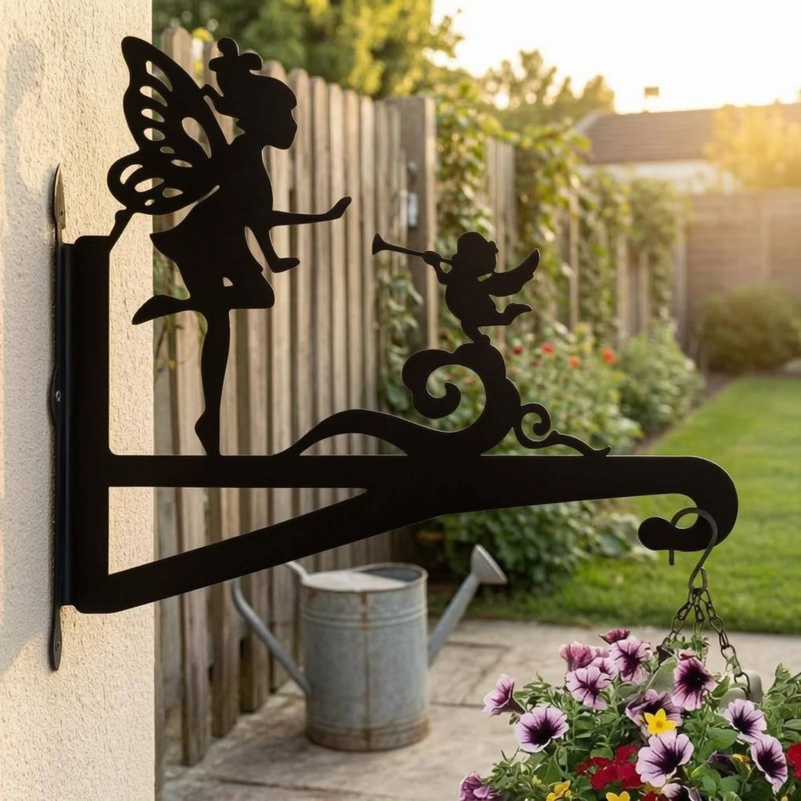 Hanging Basket Bracket Black Metal wallMounted Plant Hanger Wall Mounted Plant Hook Feather Cutouts Garden Decor Easy to Install view 2