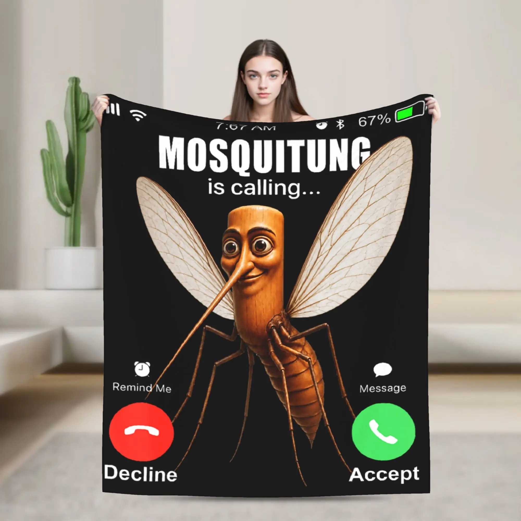 Funny Tung Tung Sahur Mosquitung is Calling Brainrot Meme Flannel Blankets Child Soft Cozy Bedding Throws Living Room Bedspread