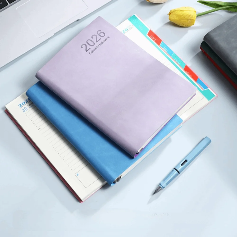 

A5 2026 365-Day Schedule Notebook PU Leather Cover Thick Paper Agenda Notebook with Ribbon Bookmark Colorful Card Page Retrieval