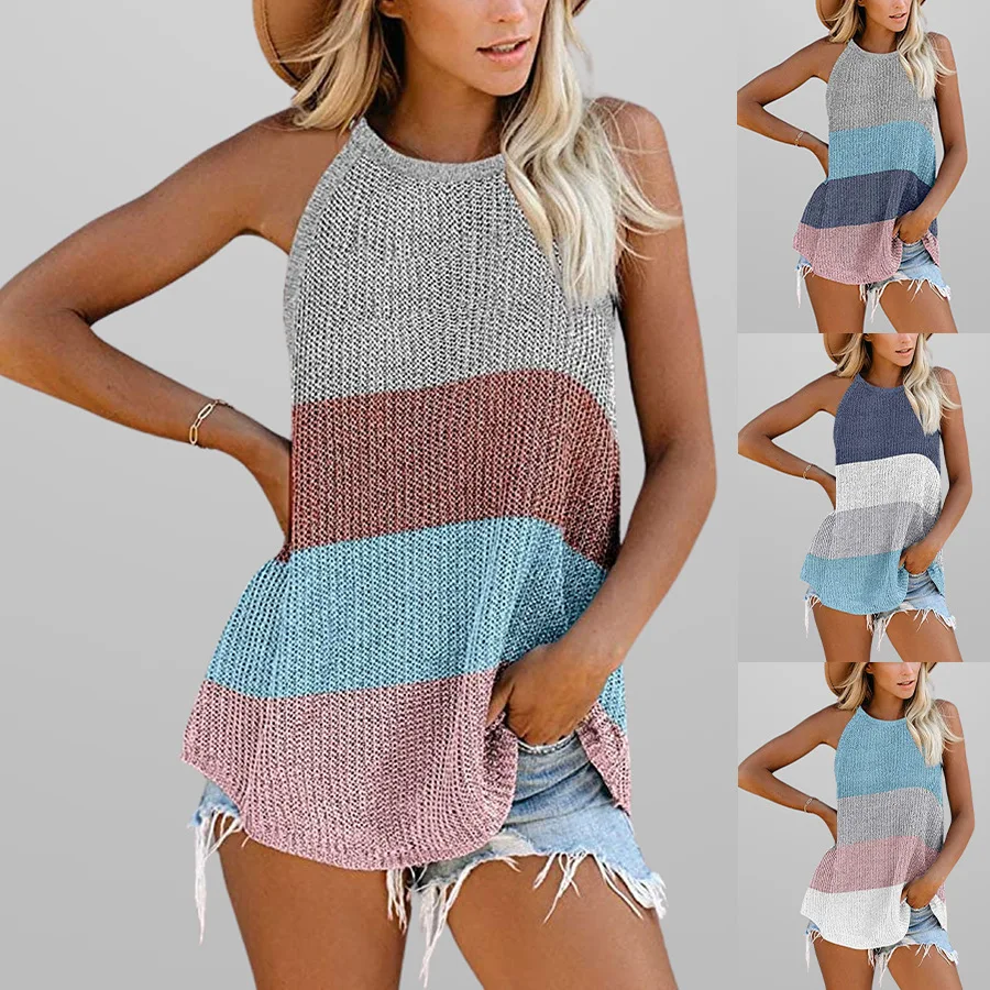 

Summer New Women's 2024 Temu Tank Top Contrast Round Neck Sling Knitted Shirt