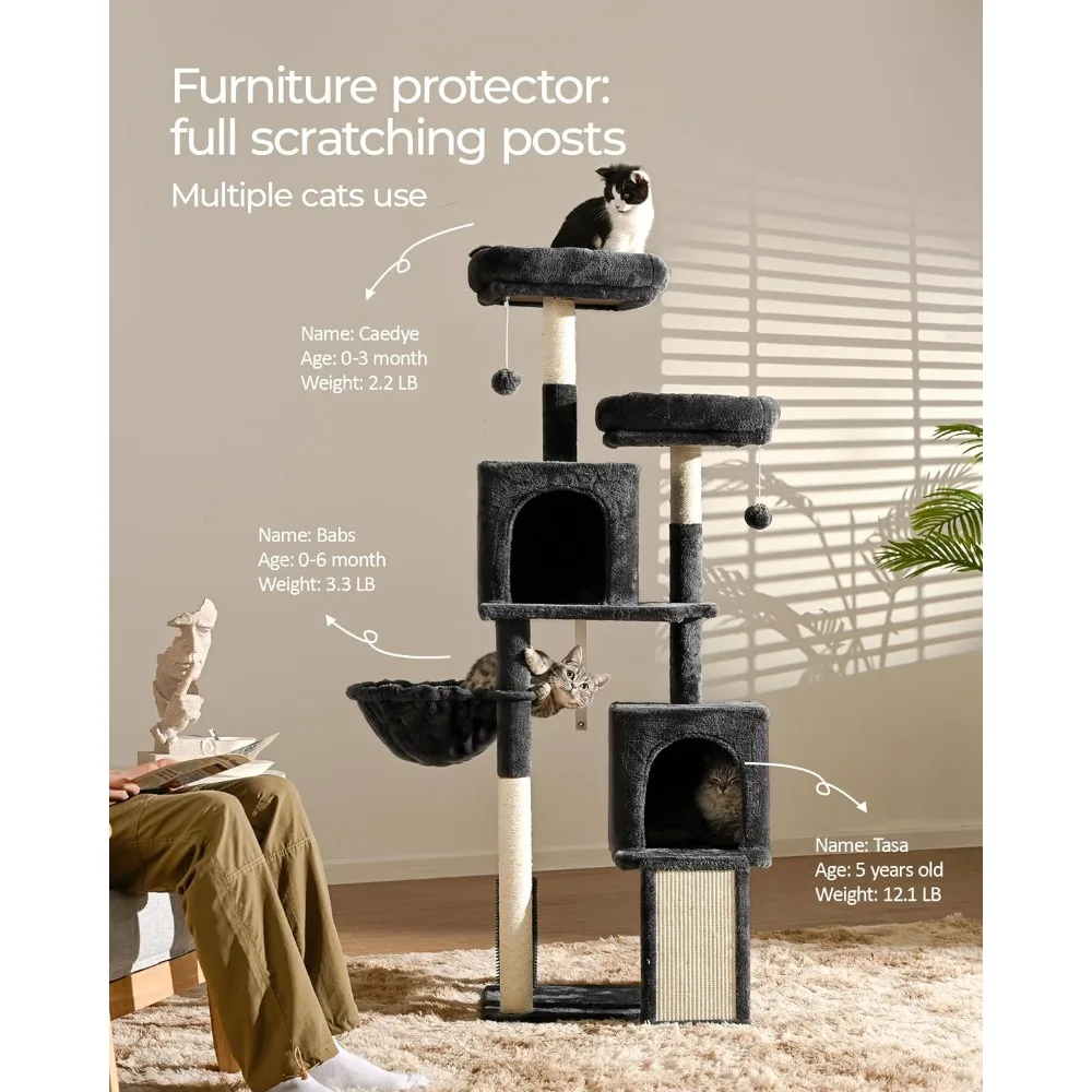 Cat Tree for Indoor Cats, 61.4in Tower, Condo, Two Cat Perch, Two Caves, Soft Basket, Sisal Scratching Stairs