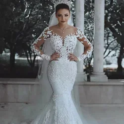 Sexy Mermaid Wedding Dresses Long Sleeves 2023 New Lace Illusion See Through Back Lace Bride Dresses Court Wedding Gowns Luxury