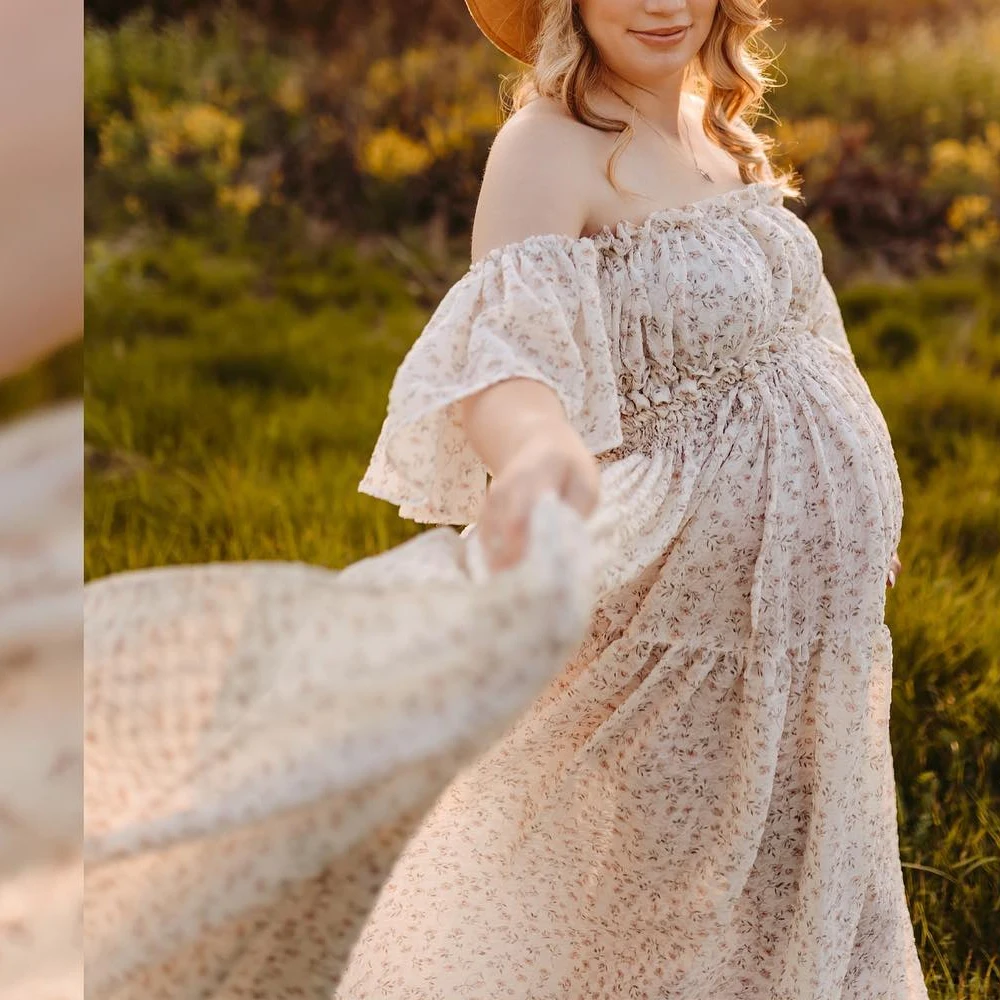 Photoshoot-Robe en mousseline de soie à fleurs pour femmes, deux pièces, à manches longues et courtes, haut court, ALTERRobes pour baby shower