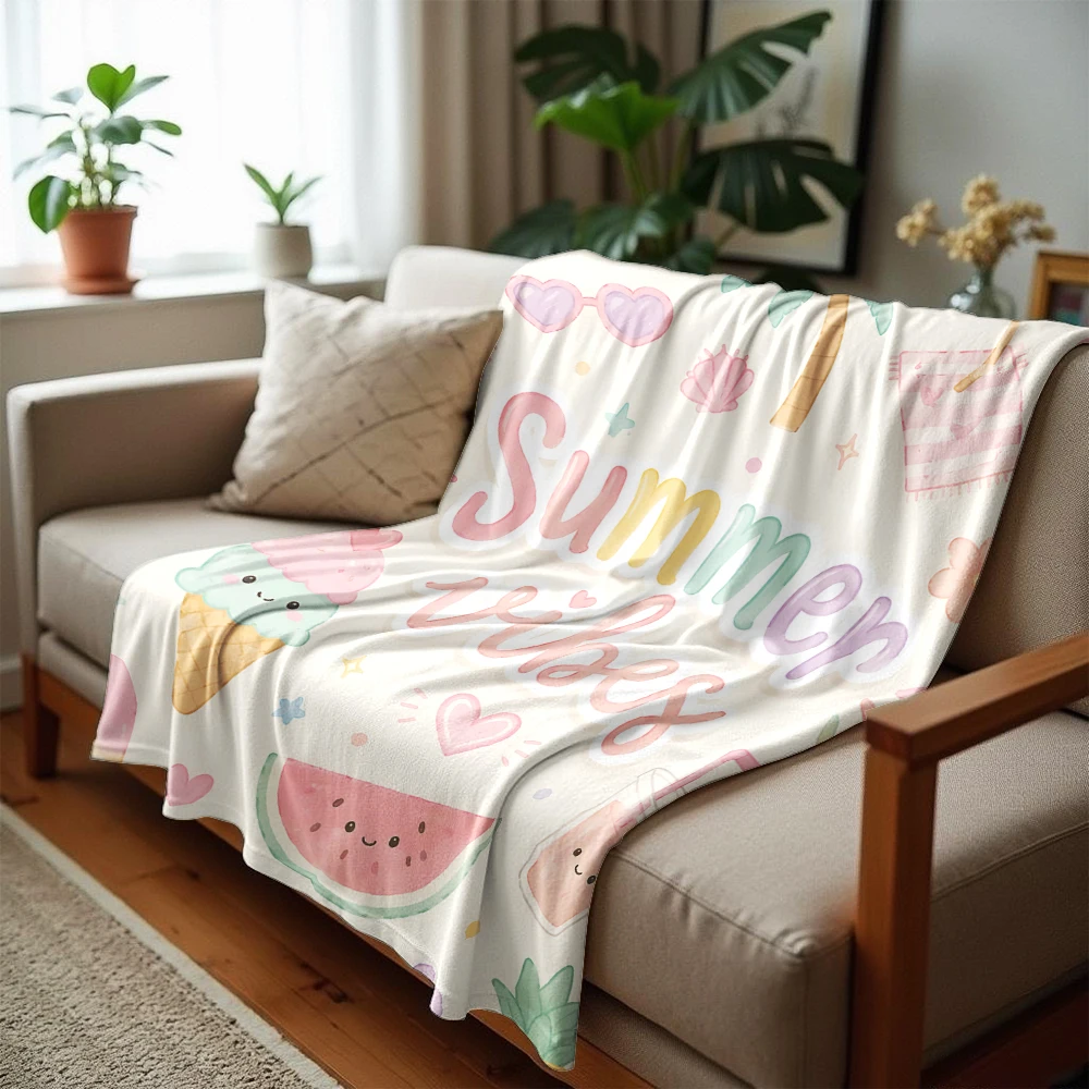 Cute Summer Beach Sticker Soft Flannel Blanket Breathable Warm Throw for Office Car Sofa Kids Room Birthday Xmas Gift