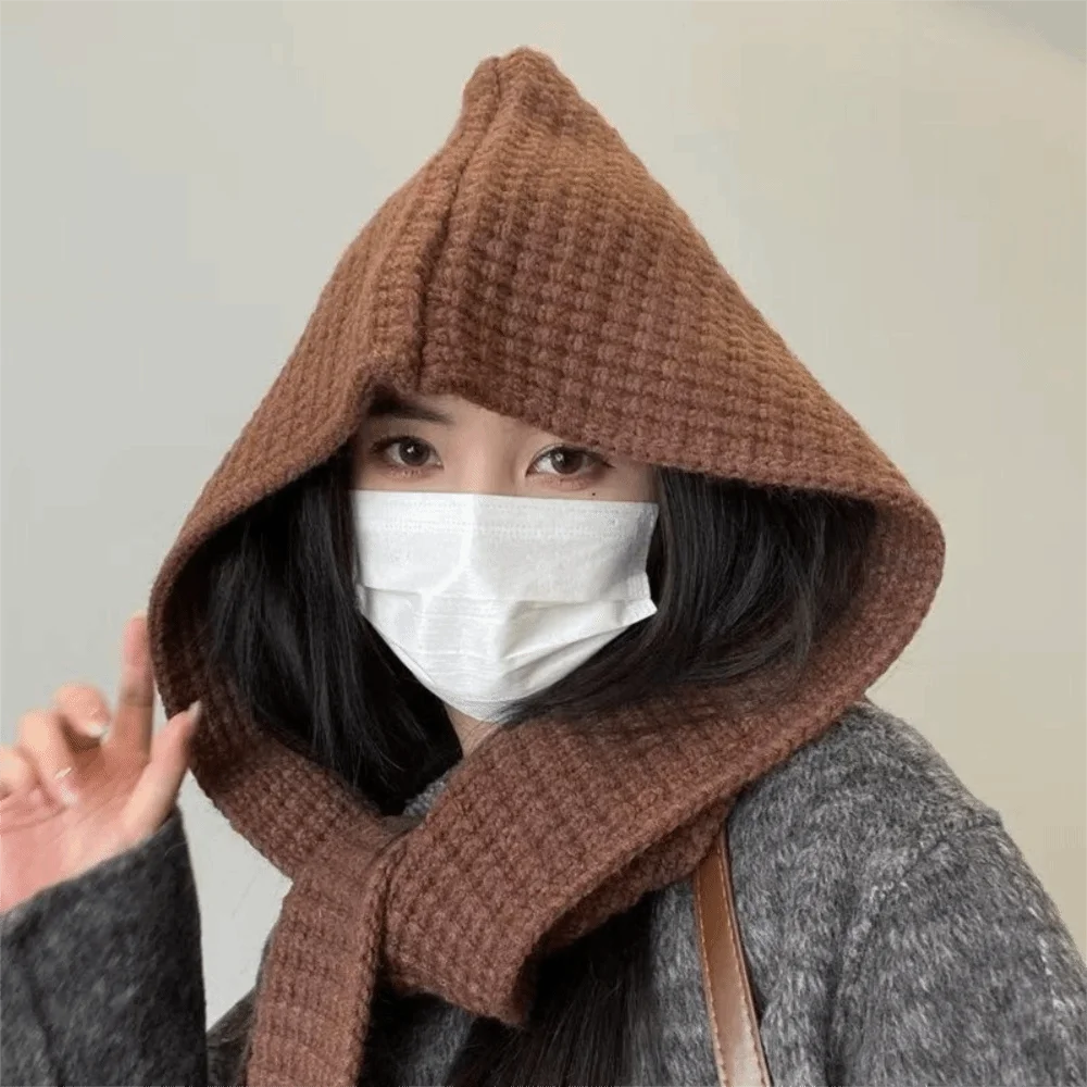Acrylic Fibres Knitted Hooded Caps Ear Protection Soft Neck Collar Beanies Caps Korean Style Thickened Winter Neckerchief Hat