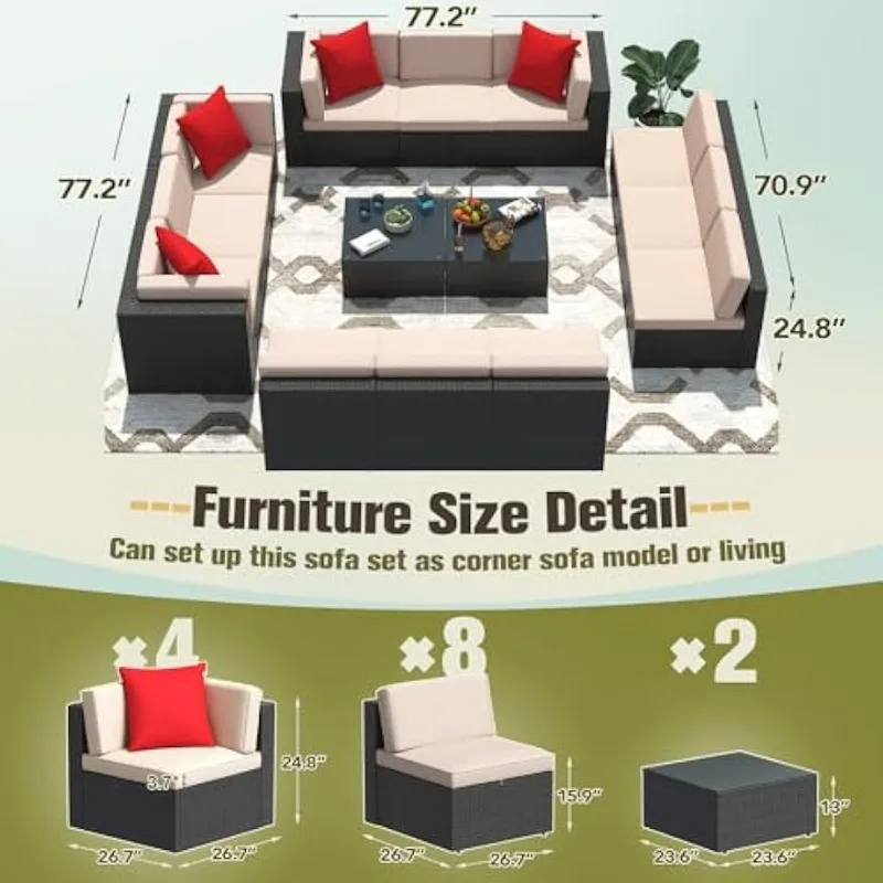 Set furnitur teras 14 buah Sofa bagian rotan PE luar ruangan dengan bantal tebal dan meja kopi kaca, krem