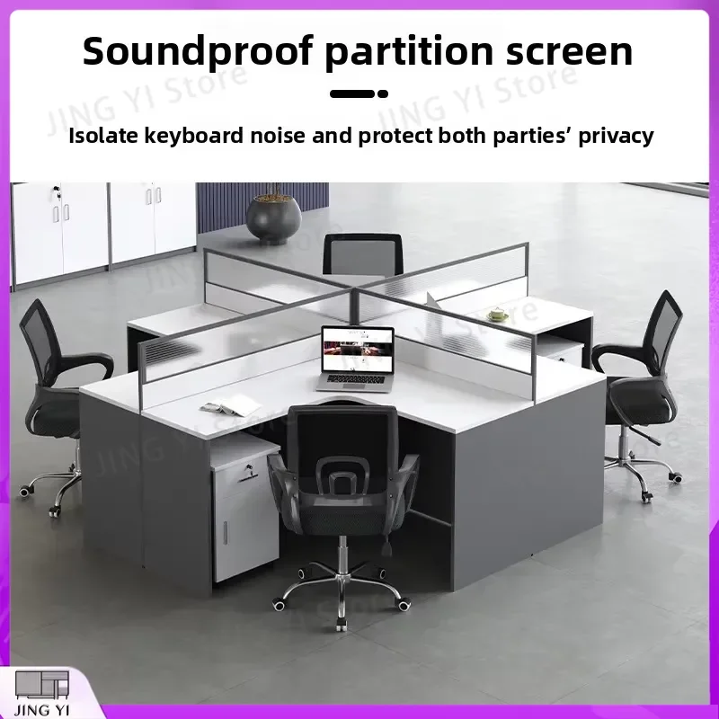 L Shaped Office Desk Wooden Commercial Workstation for Multiple Users Corner Desk with Screen Partition and Storage Drawer
