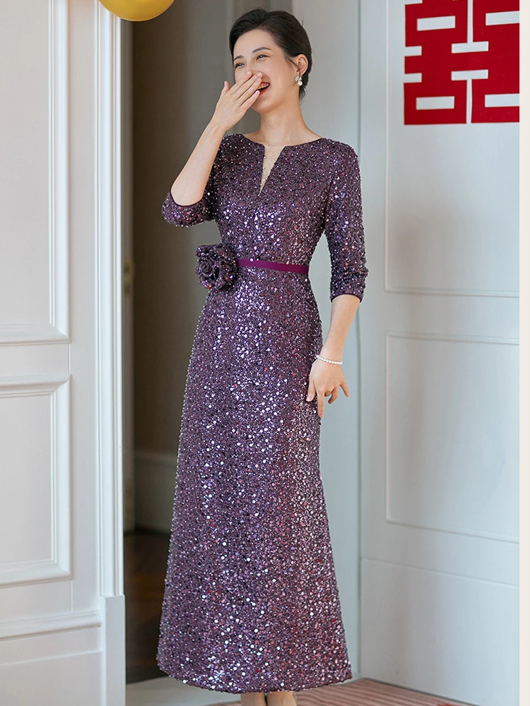 Robes de soirée de mariage à paillettes brillantes, robes de mère du marié violet avec manches, élégantes, longueur au rinçage, 2023