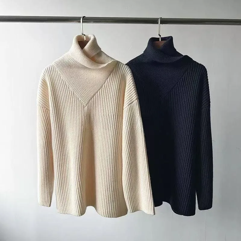 TT@-LUXURY-Women's Wool Thread Sweater, High Neck, Long Sleeve, Loose, Solid Hanging Neck, Knit, Autumn, Winter, New, 2025