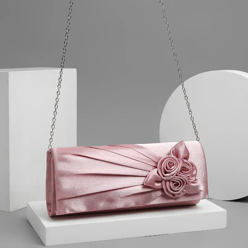 Classic Silk Like Satin Clutch Purse for Women Elegant 3D Flower Wedding Evening Bag Champange Pearl Pink Handbag Ladies's Gift