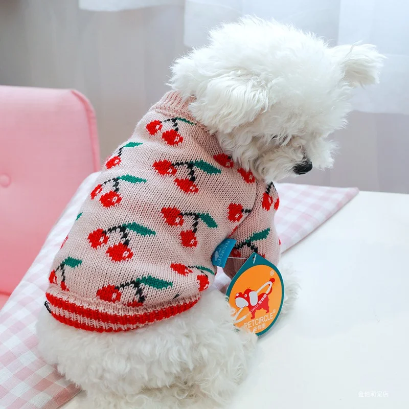 1PC Pet Clothing Cat Autumn Winter Thickened Warm Pink Cherry Elastic Pullover Knitted Sweater Suitable for Small and Medium Dog