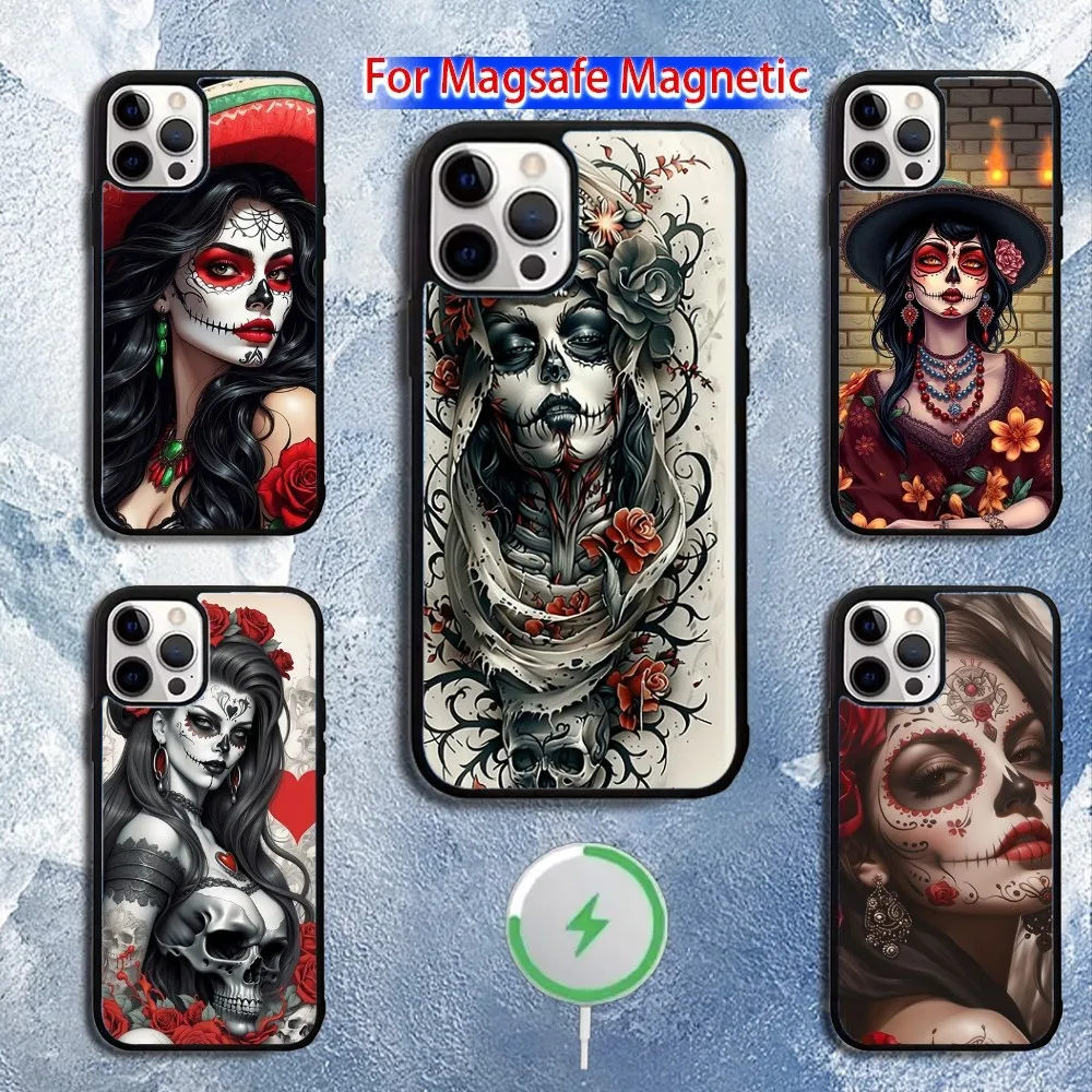

Catrina Rose Girl Skull Phone Case For iPhone 16,15,14,13,12,11,Pro,Max,Plus,Mini,Magsafe,Magnetic Wireless Charging Case