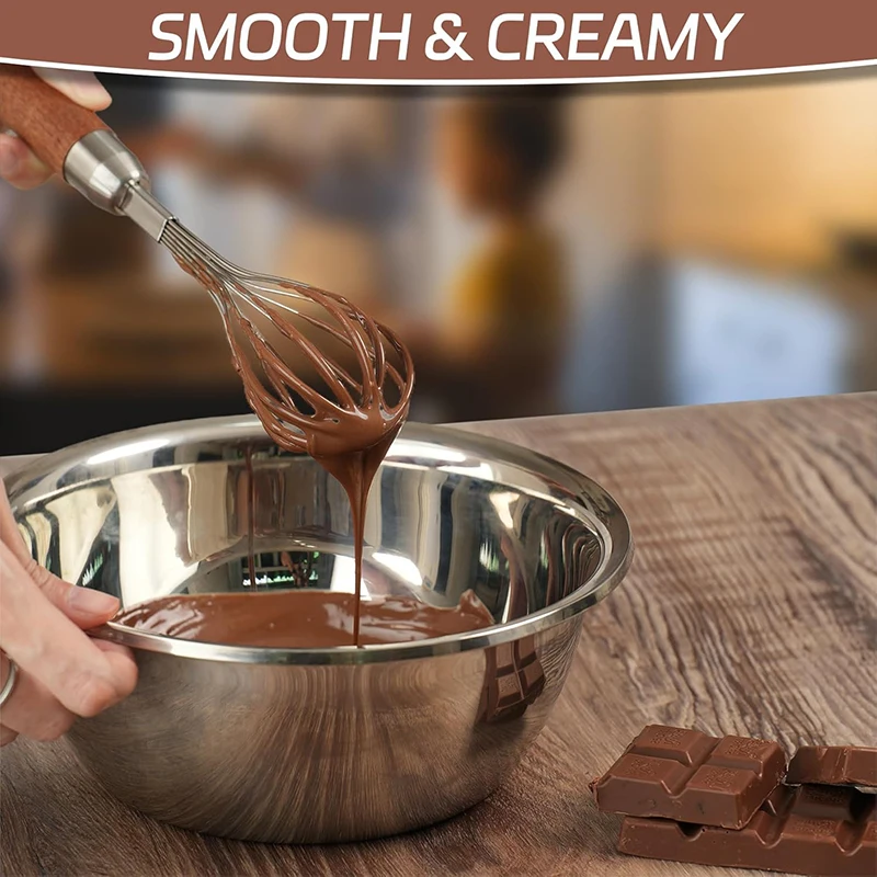 Stainless Steel Wire Whisk, Kitchen Egg Beater for Blending Whisking Beating Frothing Stirring Batters, Wooden Handle