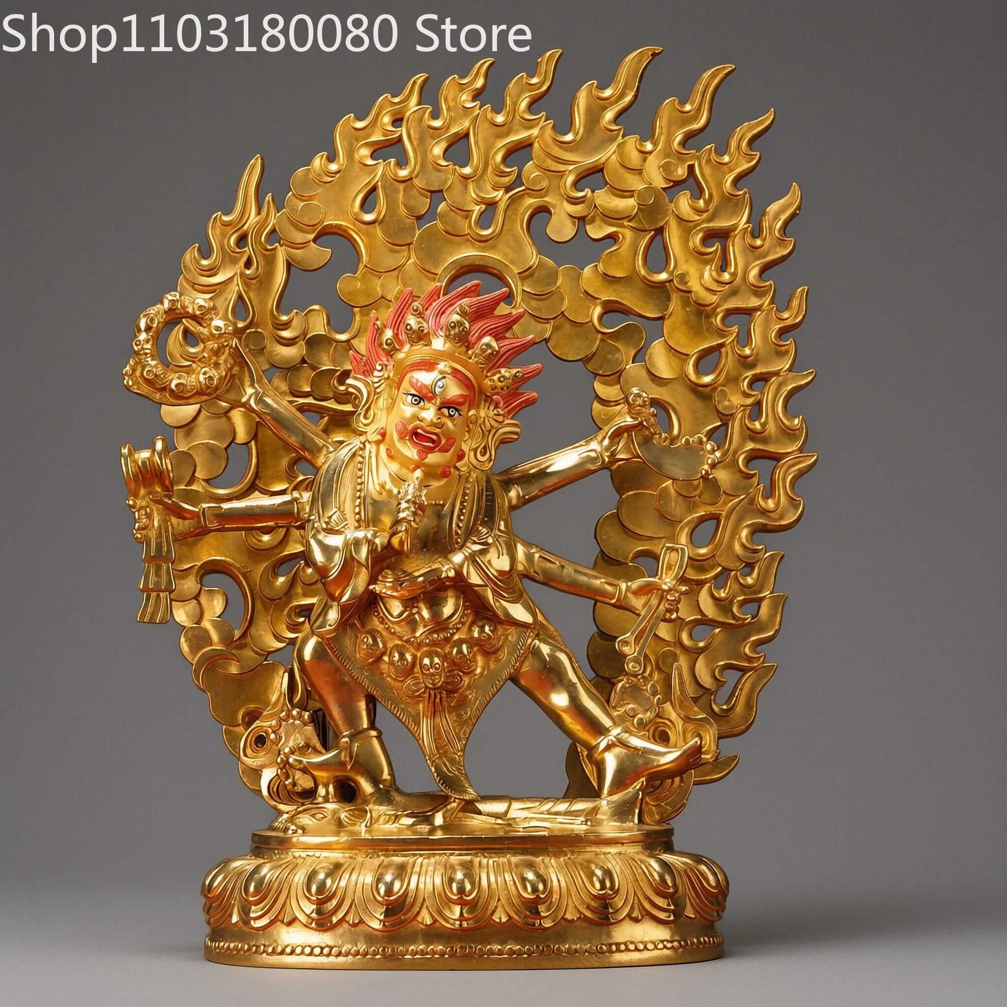 32cm Gilt Brass Six-Armed Mahakala Statue Tibetan Buddhist Great Black Dharma Protector Deity Sculpture Altar Home Decor
