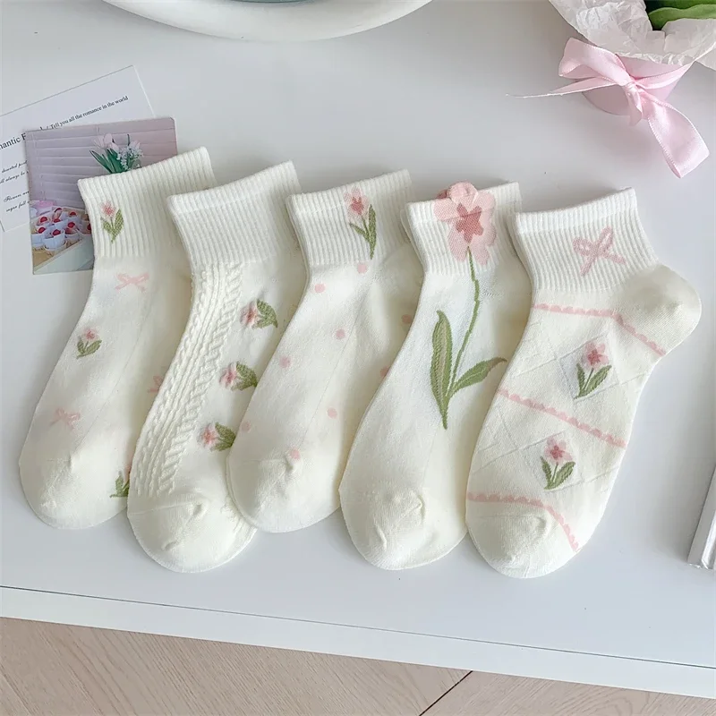 Woman Socks Short 1 Pair New Trends Bow Girls Cute Socks For Women Mesh Soft White Flower Korean Style Ankle Socks Novelty Thin