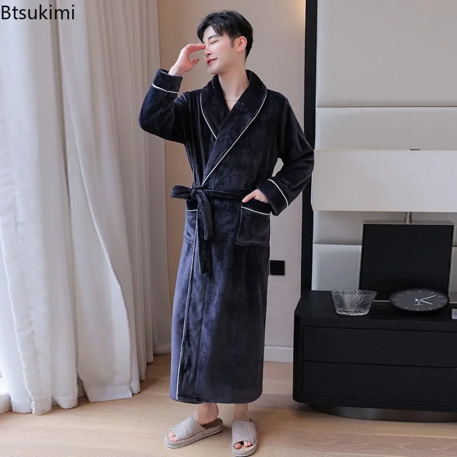 2024 Men\'s Autumn Winter Thicken Flannel Robes Dress V Neck Warm Bathrobe Men Couple Casual Comfortable Robe Dress for Sleepwear